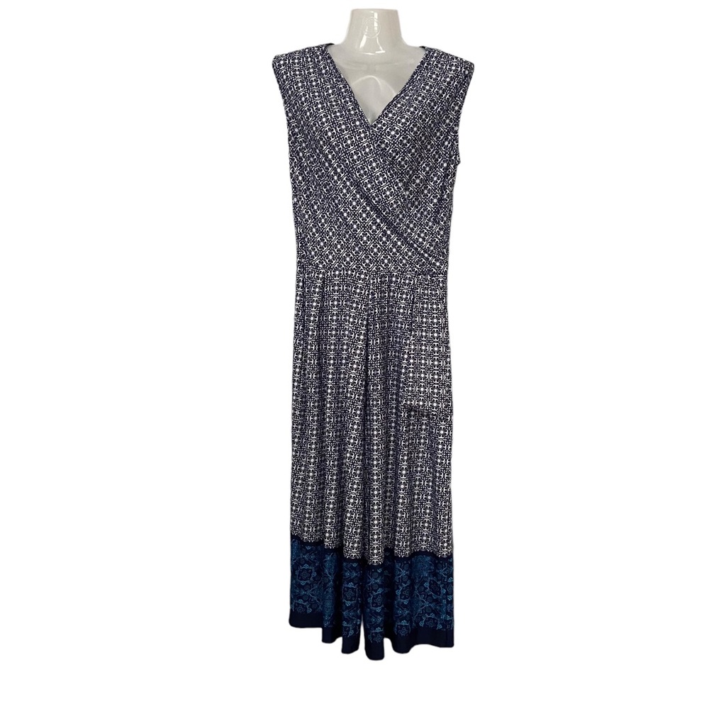 Dana Buchman Womens Floral Wide Leg Sleeveless V-Neck Cropped Jumpsuit Blue